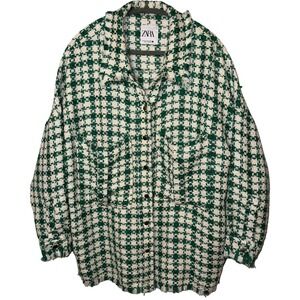 ZARA Women Tweed Check Oversized Shirt Jacket XL Green White Fringe Distressed